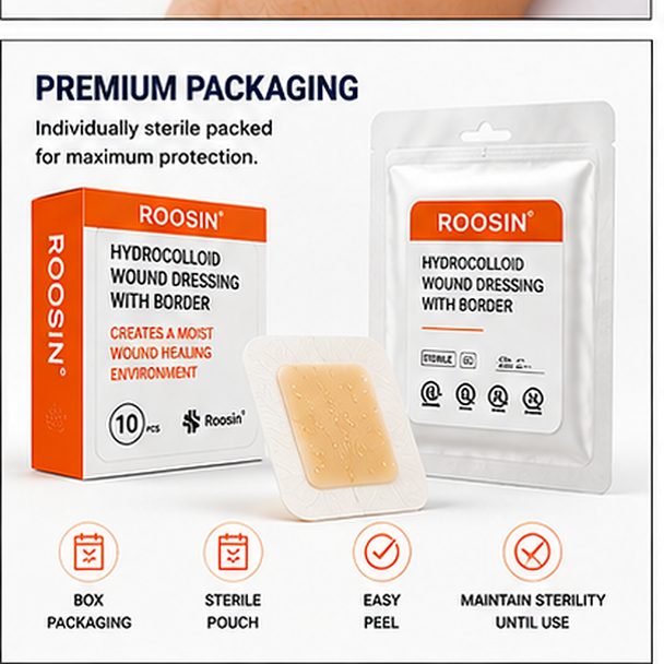 ROOSIN® Hydrocolloid Wound Dressing with Border — Sterile, Waterproof, Gel-Forming | Factory-Direct