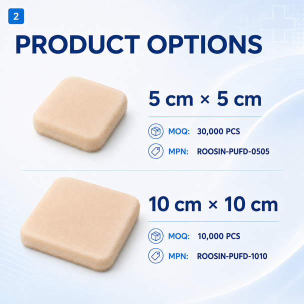 ROOSIN PU Foam Wound Dressing | High-Absorbency Polyurethane Foam | 5×5 cm & 10×10 cm | Factory-Direct