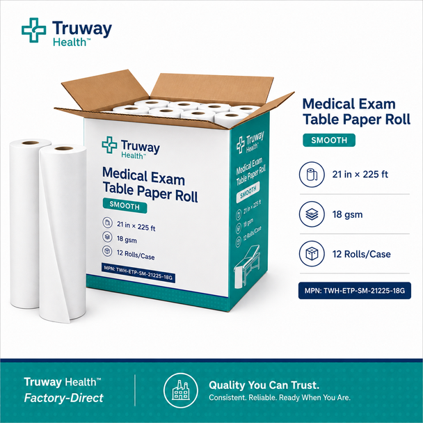 Medical Exam Table Paper Roll — Smooth, 21" x 225', 18 gsm, White — 12 Rolls/Case | Factory-Direct