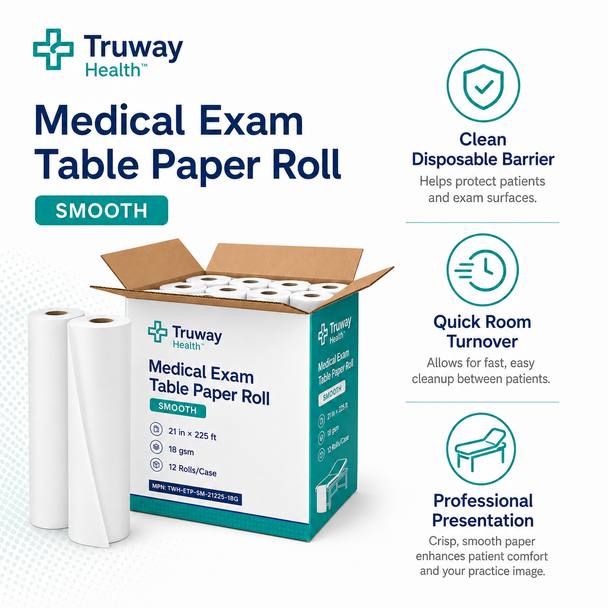 Medical Exam Table Paper Roll — Smooth, 21" x 225', 18 gsm, White — 12 Rolls/Case | Factory-Direct