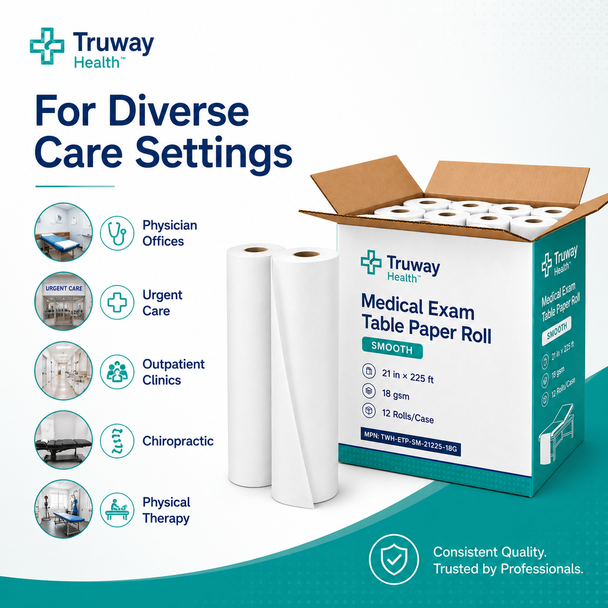 Medical Exam Table Paper Roll — Smooth, 21" x 225', 18 gsm, White — 12 Rolls/Case | Factory-Direct