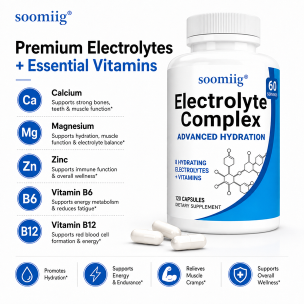 Electrolyte Complex Capsules – Calcium, Magnesium, Zinc + Vitamins B6 & B12 | 120 Count | Hydration & Mineral Support