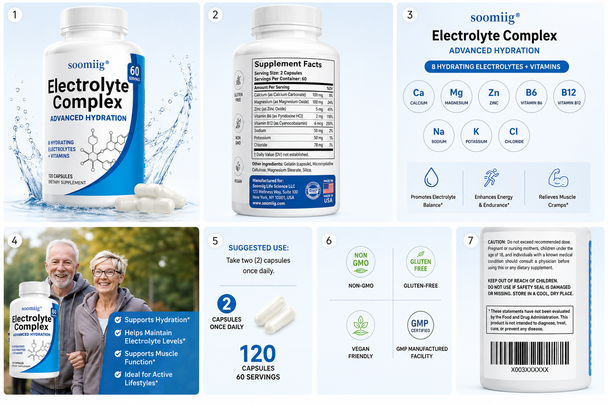 Electrolyte Complex Capsules – Calcium, Magnesium, Zinc + Vitamins B6 & B12 | 120 Count | Hydration & Mineral Support