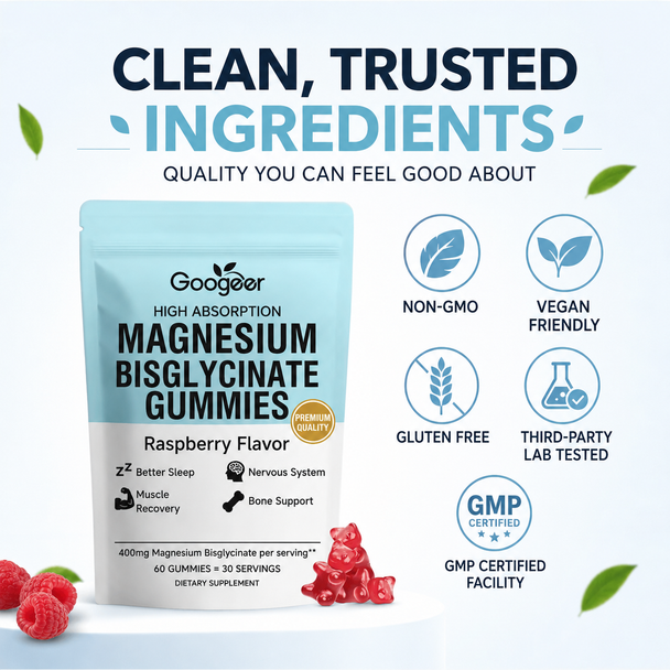 Goodger High-Absorption Magnesium Bisglycinate Gummies 400 mg – Raspberry Flavor | 60 Gummies / 30 Servings