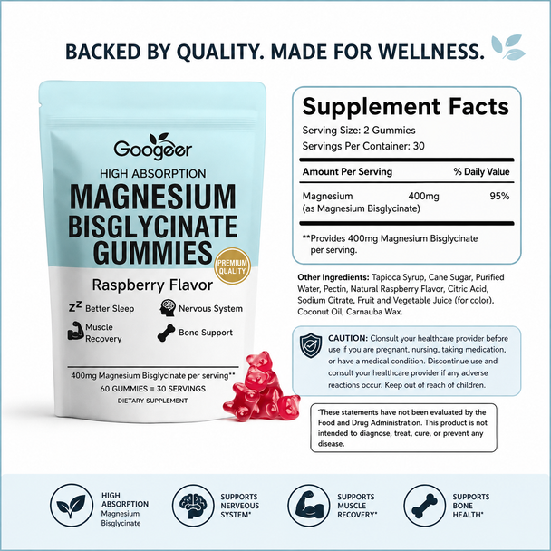 Goodger High-Absorption Magnesium Bisglycinate Gummies 400 mg – Raspberry Flavor | 60 Gummies / 30 Servings