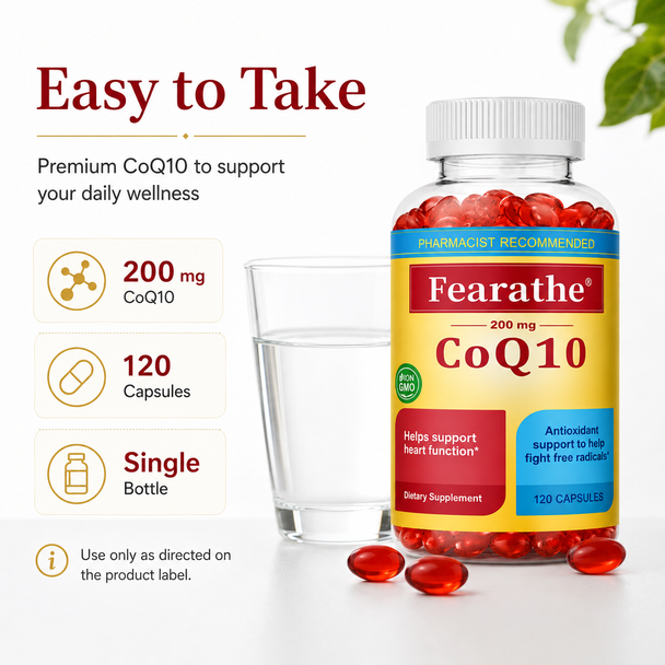Fearathe Coenzyme Q10 200 mg Capsules – 120 Count Bottle | High-Potency CoQ10 | Cellular Energy & Cardiovascular Wellness Support