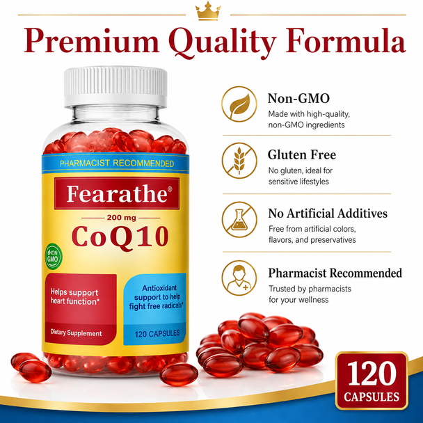 Fearathe Coenzyme Q10 200 mg Capsules – 120 Count Bottle | High-Potency CoQ10 | Cellular Energy & Cardiovascular Wellness Support