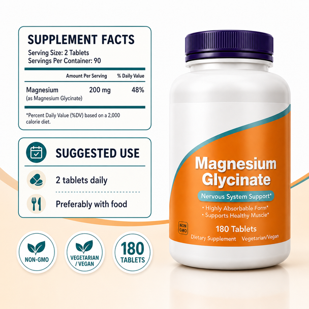 Magnesium Glycinate 200 mg Tablets – High-Absorption Mineral Support | 180 Count / 90 Servings