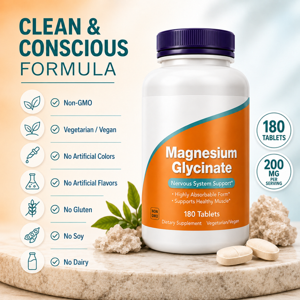 Magnesium Glycinate 200 mg Tablets – High-Absorption Mineral Support | 180 Count / 90 Servings