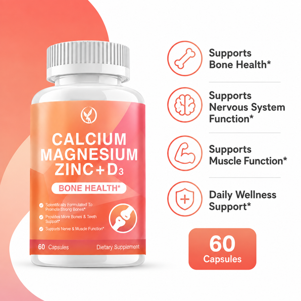 Calcium + Magnesium + Zinc + Vitamin D3 Capsules — Bone, Muscle & Nervous System Support — 60 Count