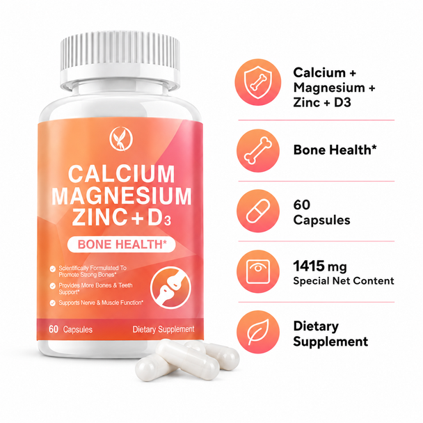 Calcium + Magnesium + Zinc + Vitamin D3 Capsules — Bone, Muscle & Nervous System Support — 60 Count