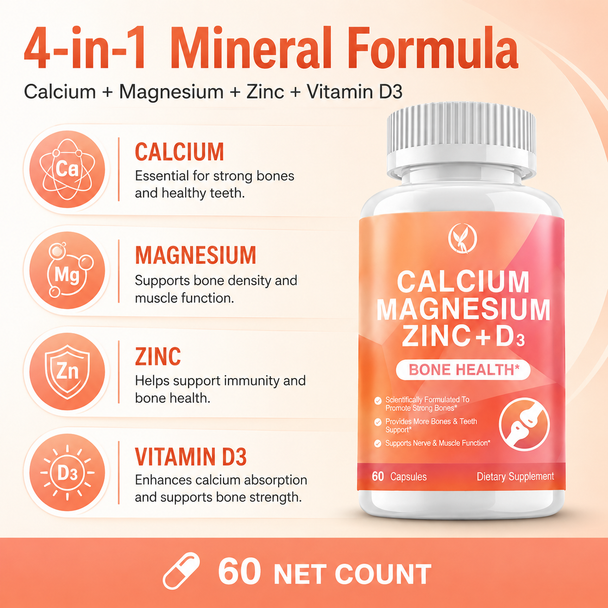 Calcium + Magnesium + Zinc + Vitamin D3 Capsules — Bone, Muscle & Nervous System Support — 60 Count