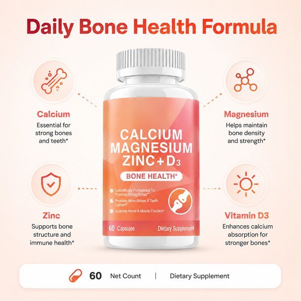 Calcium + Magnesium + Zinc + Vitamin D3 Capsules — Bone, Muscle & Nervous System Support — 60 Count
