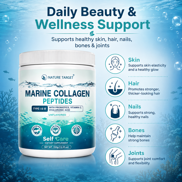Marine Collagen Peptides Powder — Type I & III Collagen + Probiotics, Vitamin C & Hyaluronic Acid — Unflavored — 350 g / 12.35 oz
