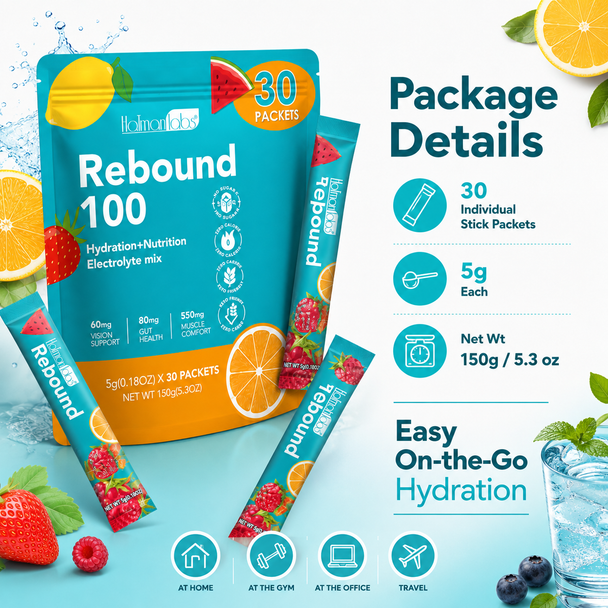 HolmanLabs Rebound 100 Electrolyte Hydration Mix with Vitamin C, Magnesium & Potassium — 30 Stick Packets