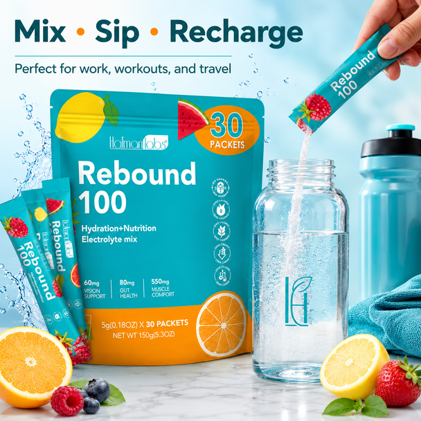 HolmanLabs Rebound 100 Electrolyte Hydration Mix with Vitamin C, Magnesium & Potassium — 30 Stick Packets