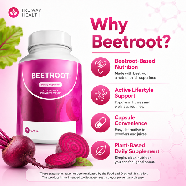 Beetroot 1300 mg Capsules — Plant-Based Beet Root Dietary Supplement — 60 Capsules