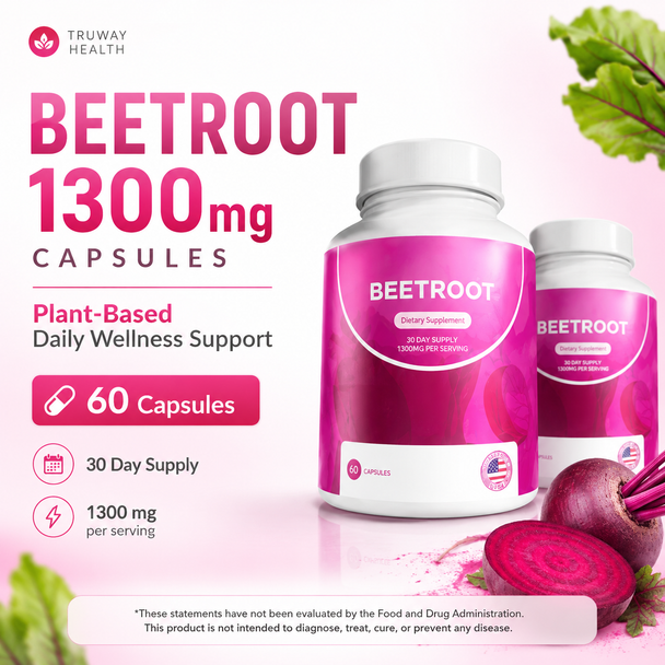 Beetroot 1300 mg Capsules — Plant-Based Beet Root Dietary Supplement — 60 Capsules