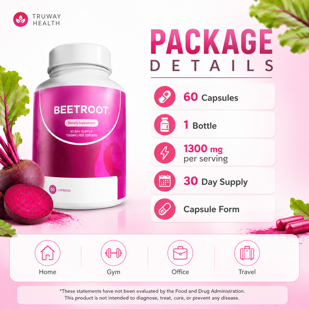 Beetroot 1300 mg Capsules — Plant-Based Beet Root Dietary Supplement — 60 Capsules