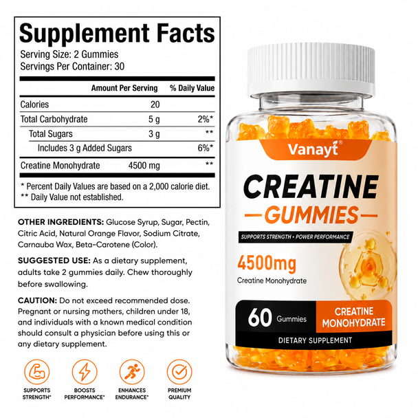 Creatine Monohydrate Gummies 4500 mg – 60 Count | Sports Performance & Strength Support