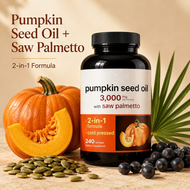 Pumpkin Seed Oil 3,000 mg with Saw Palmetto – Cold-Pressed 2-in-1 Formula – 240 Softgels