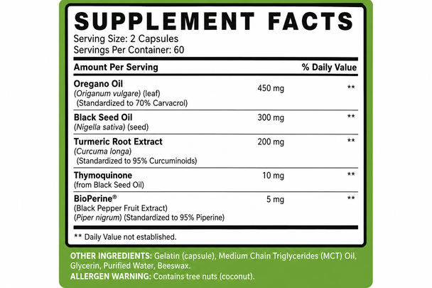 Oregano Oil with Black Seed Oil Capsules – 900 mg Equivalent per Serving
