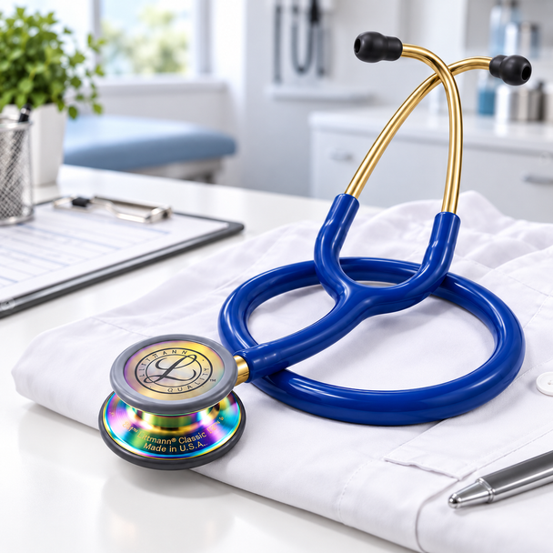 3M Littmann Classic III Stethoscope Blue Tube Gold Binaurals Rainbow Chestpiece