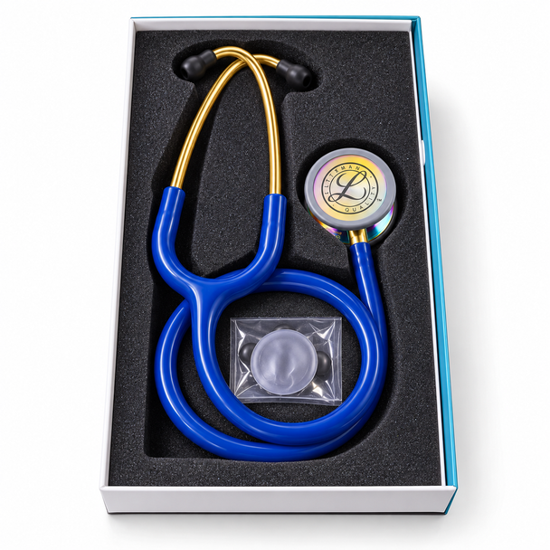 3M Littmann Classic III Stethoscope Blue Tube Gold Binaurals Rainbow Chestpiece
