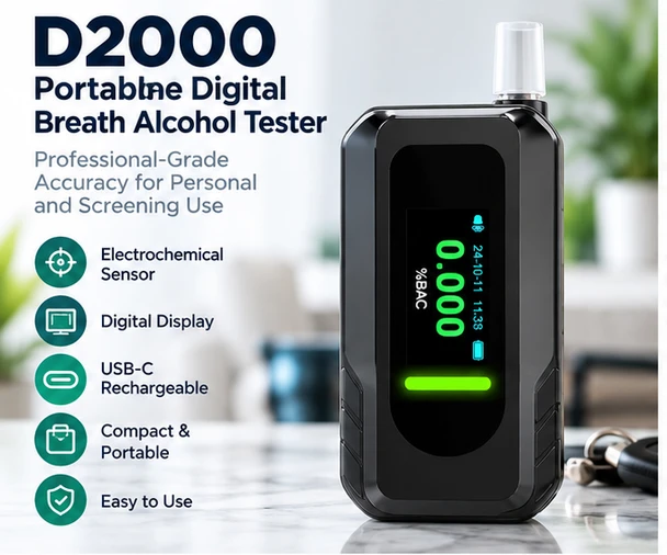 D2000 Portable Digital Breath Alcohol Tester – Electrochemical Sensor, USB-C Rechargeable