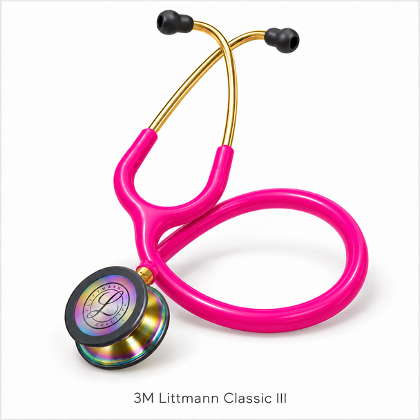 3M™ Littmann® Classic III™ Stethoscope – Pink Tube, Gold Binaurals & Rainbow-Finish Chestpiece