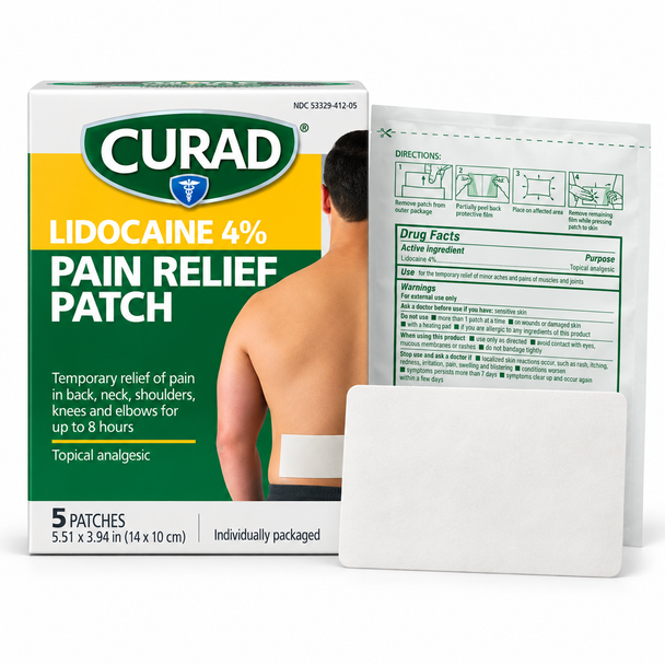CURAD Lidocaine 4% Pain Relief Patches – 5 Patches per Box