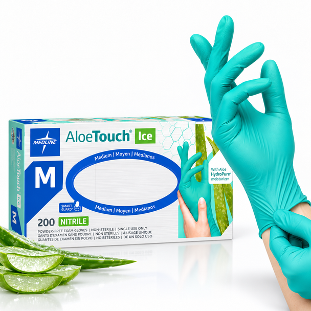 Medline AloeTouch ICE Powder-Free Nitrile Exam Gloves – Green, Aloe-Coated