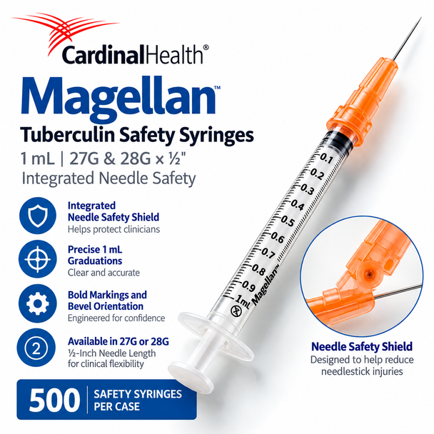 Cardinal Health Magellan™ Tuberculin Safety Syringes — 1 mL, 27G & 28G × ½" | 500/CS