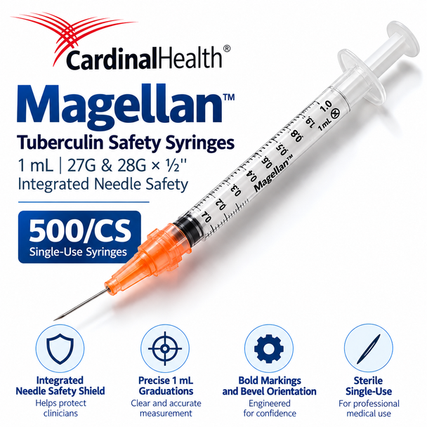 Cardinal Health Magellan™ Tuberculin Safety Syringes — 1 mL, 27G & 28G × ½" | 500/CS