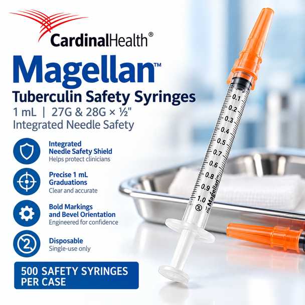 Cardinal Health Magellan™ Tuberculin Safety Syringes — 1 mL, 27G & 28G × ½" | 500/CS