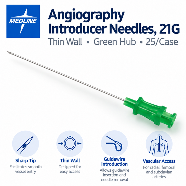 Angiography Introducer Needles, 21G — Green Hub