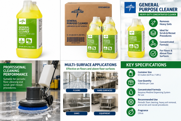 Medline General Purpose Cleaner – Heavy-Duty Floor & Surface Cleaning Concentrate, Half Gallon, 4/Case