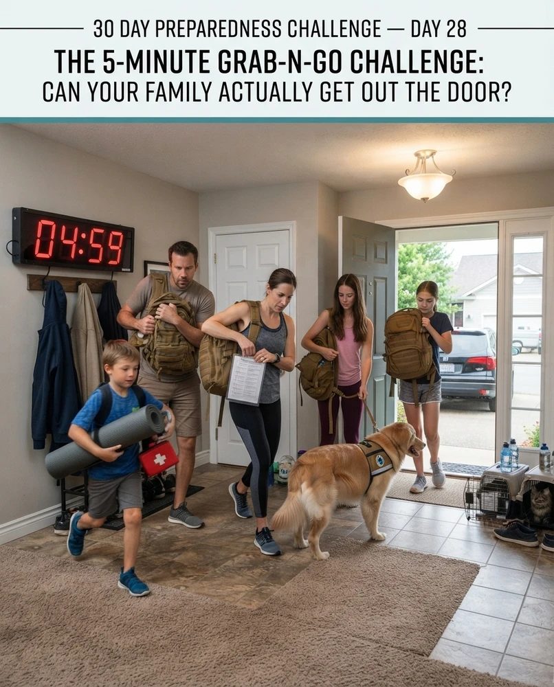 30 DAY PREPAREDNESS CHALLENGE — DAY 28 THE 5-MINUTE GRAB-N-GO CHALLENGE  (CAN YOUR FAMILY ACTUALLY GET OUT THE DOOR?)