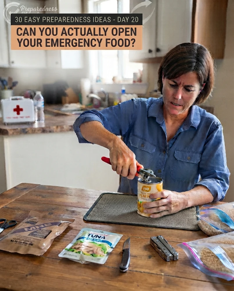 30 EASY PREPAREDNESS IDEAS — DAY 20 CAN YOU ACTUALLY OPEN YOUR EMERGENCY FOOD?