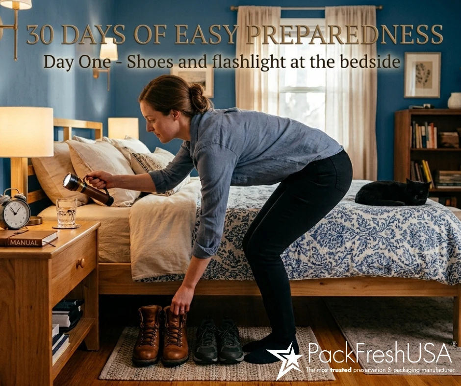 30 Days of Easy Preparedness - Day 1: Shoes & Flashlights at the Bedside