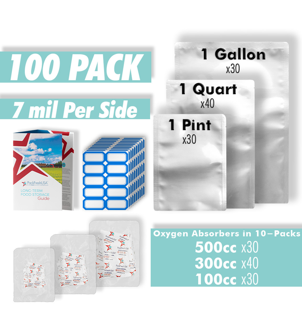 Two-Quart 7 Mil Seal-Top Premium Gusset Mylar Bags and Oxygen