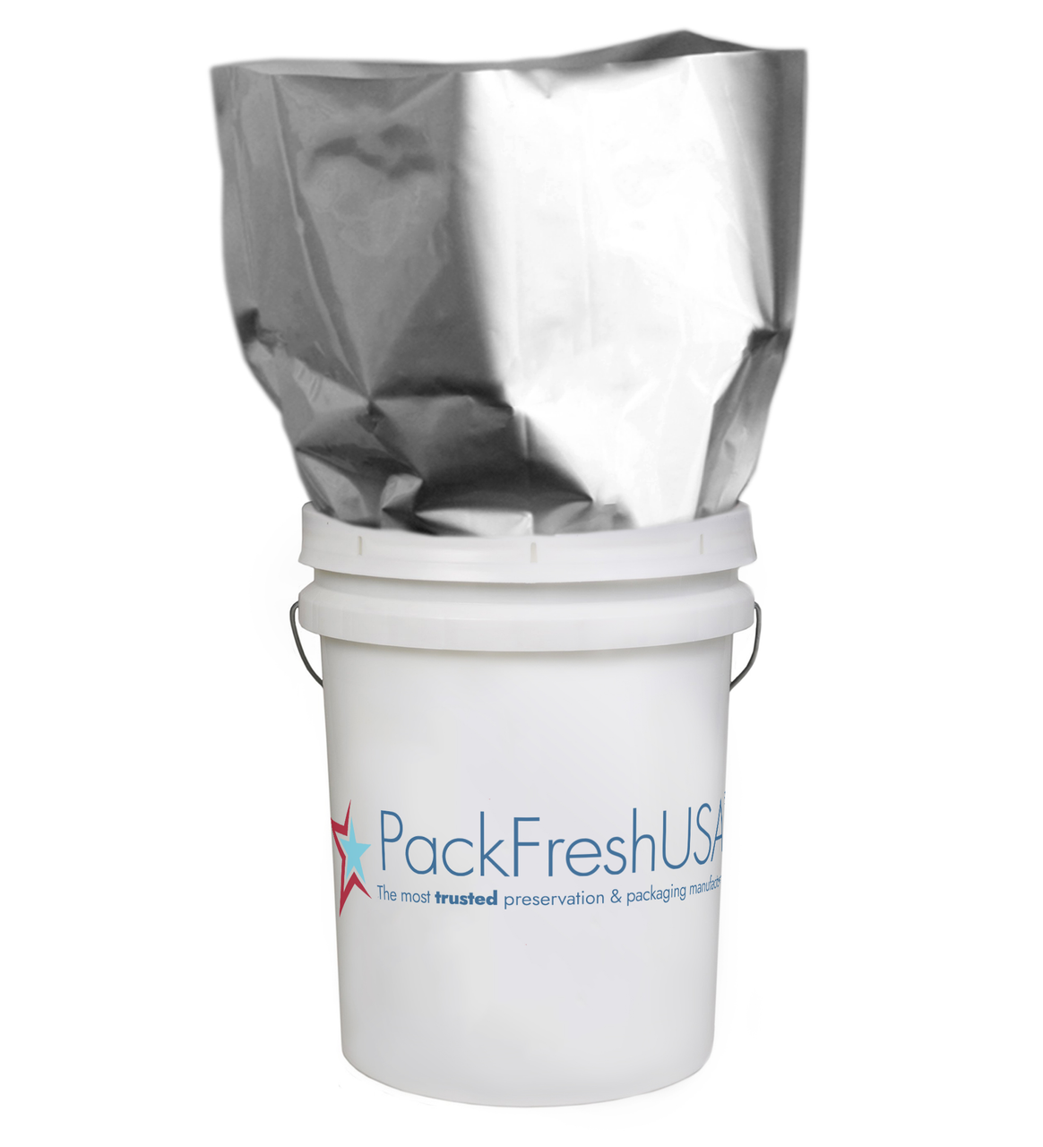 Mylar bag with oxygen absorber inside plastic bucket storing calcium hypochlorite powder