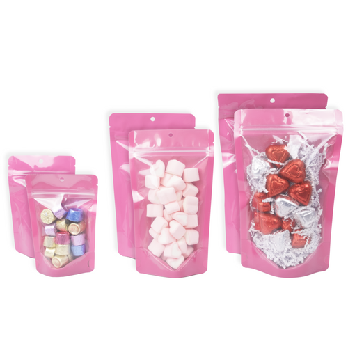 PackFreshUSA Bubble-Gum Pink & Clear Stand-Up Pouches