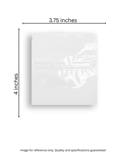 3.75 x 4 -inch gloss White child-resistant stand-up pouch with certified CR+ zipper. Designed for retail and odor barrier protection. Image for reference only. Quality and specifications guaranteed.