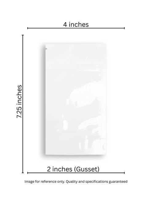4x7.25+2 inch gloss White child-resistant stand-up pouch with certified CR+ zipper. Designed for retail and odor barrier protection. Image for reference only. Quality and specifications guaranteed.