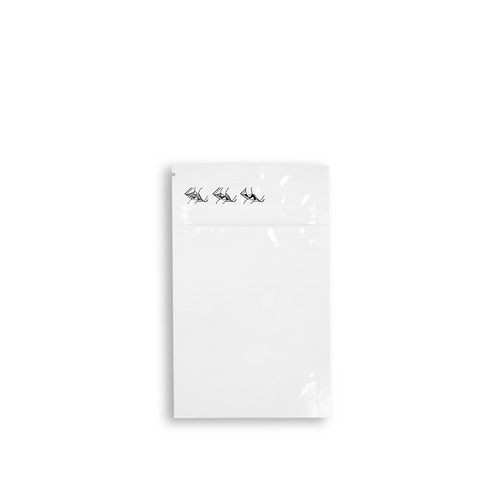 Back View:
Gloss White front view of 5x8 +2.5-inch gloss black child-resistant stand-up pouch with certified CR+ zipper. Quality and specifications guaranteed.