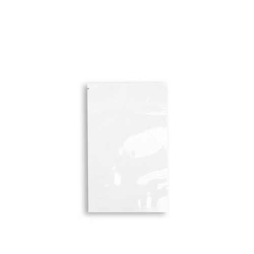 Front View:
Gloss White front view of 5x8 +2.5-inch gloss black child-resistant stand-up pouch with certified CR+ zipper. Quality and specifications guaranteed.