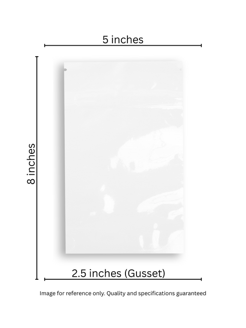 5x8 +2.5-inch gloss Whitechild-resistant stand-up pouch with certified CR+ zipper. Designed for retail and odor barrier protection. Image for reference only. Quality and specifications guaranteed.