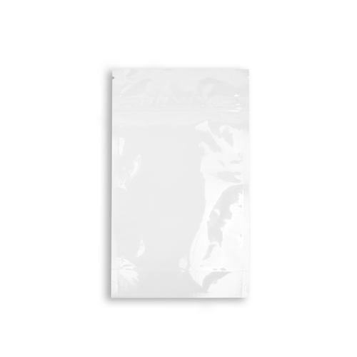 Front View:
Gloss white front view of 6x10+2.5-inch child-resistant stand-up pouch with CR+ zipper. Image for reference only. Quality and specifications guaranteed.