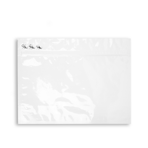 Back View:
Gloss white front view of 12 x 9 x 4inch gloss black child-resistant Exit Bag with certified CR+ zipper. Image for reference only. Quality and specifications guaranteed.